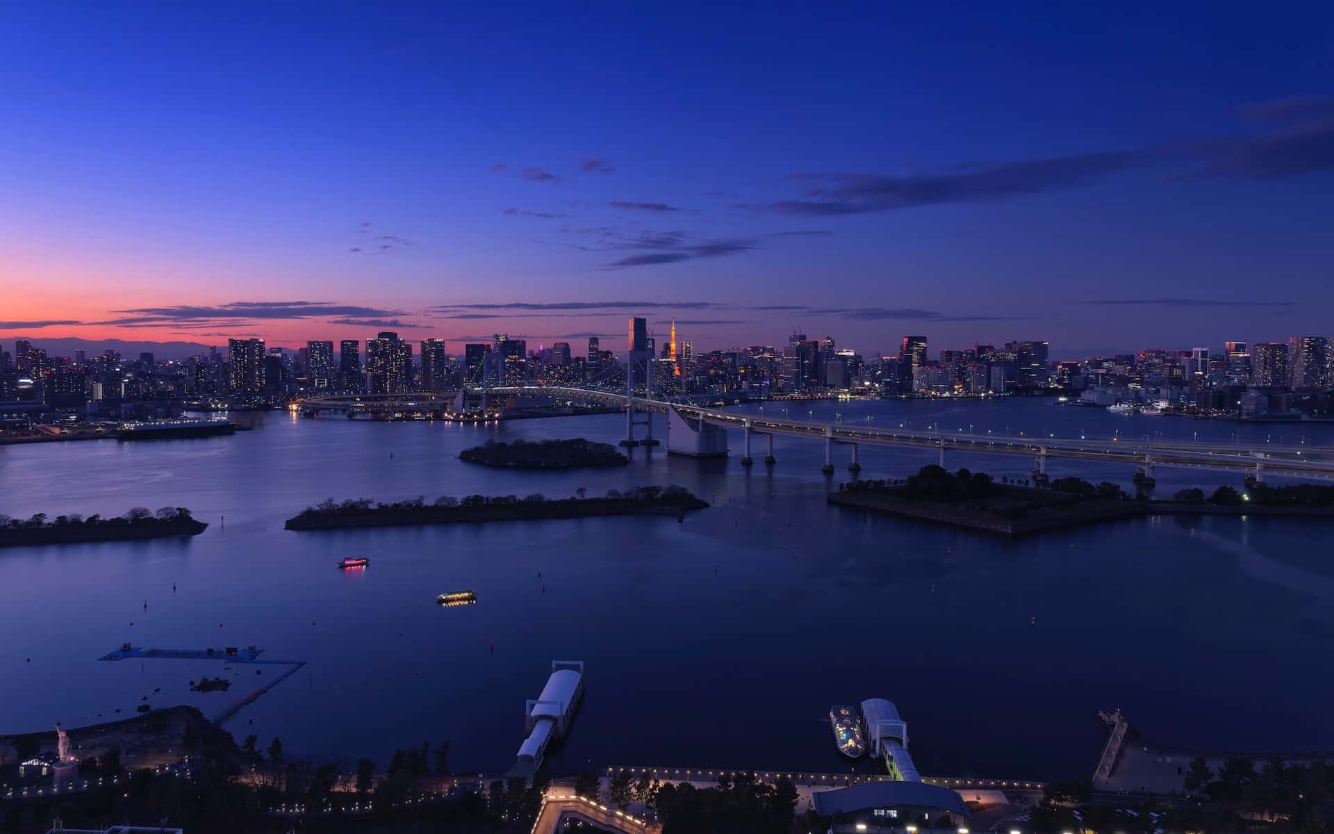 Aerial view of Tokyo bay from Odaiba at sunset